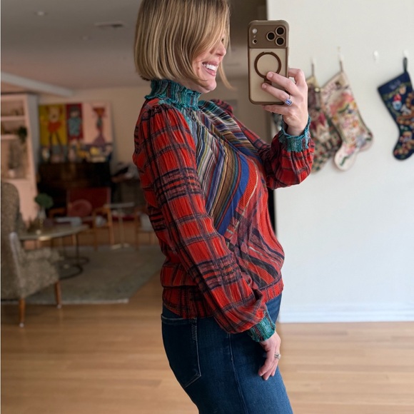 Blank London Size Small Multicolor Plaid Red Blue Mock Neck Women's Blouse Top - Picture 6 of 12